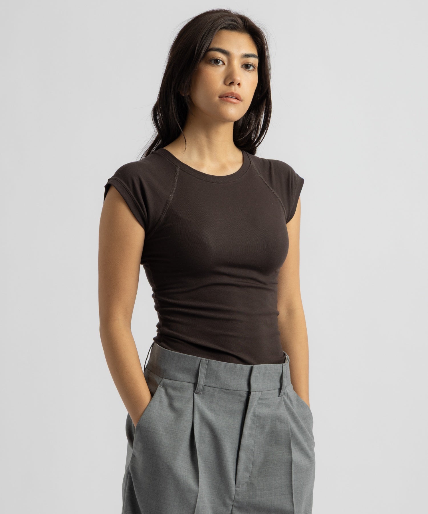 Saturdays NYC Bree Capped Sleeve Tee in Dark Brown