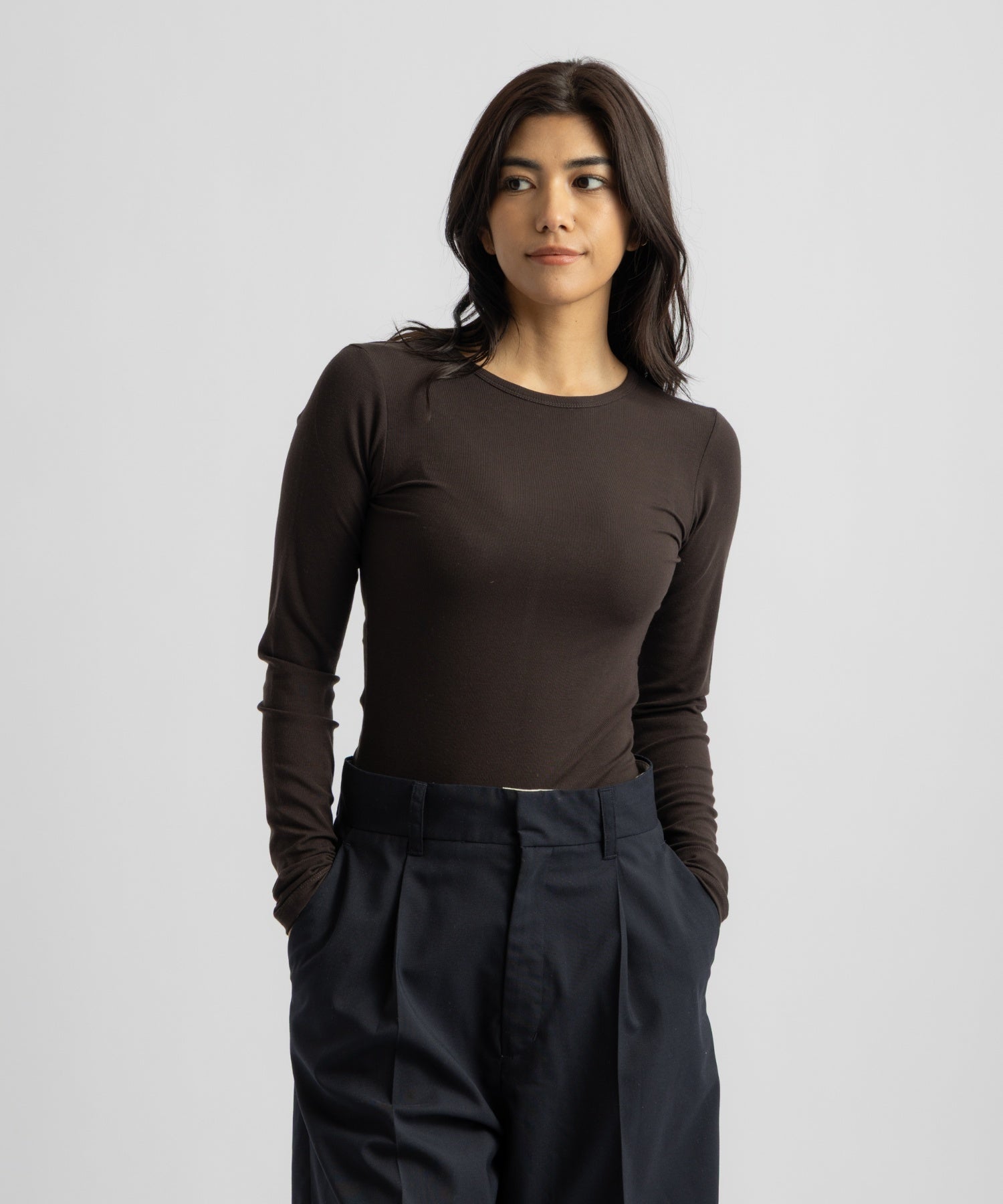 Saturdays NYC Steff Fitted Long Sleeve  Top in Dark Brown