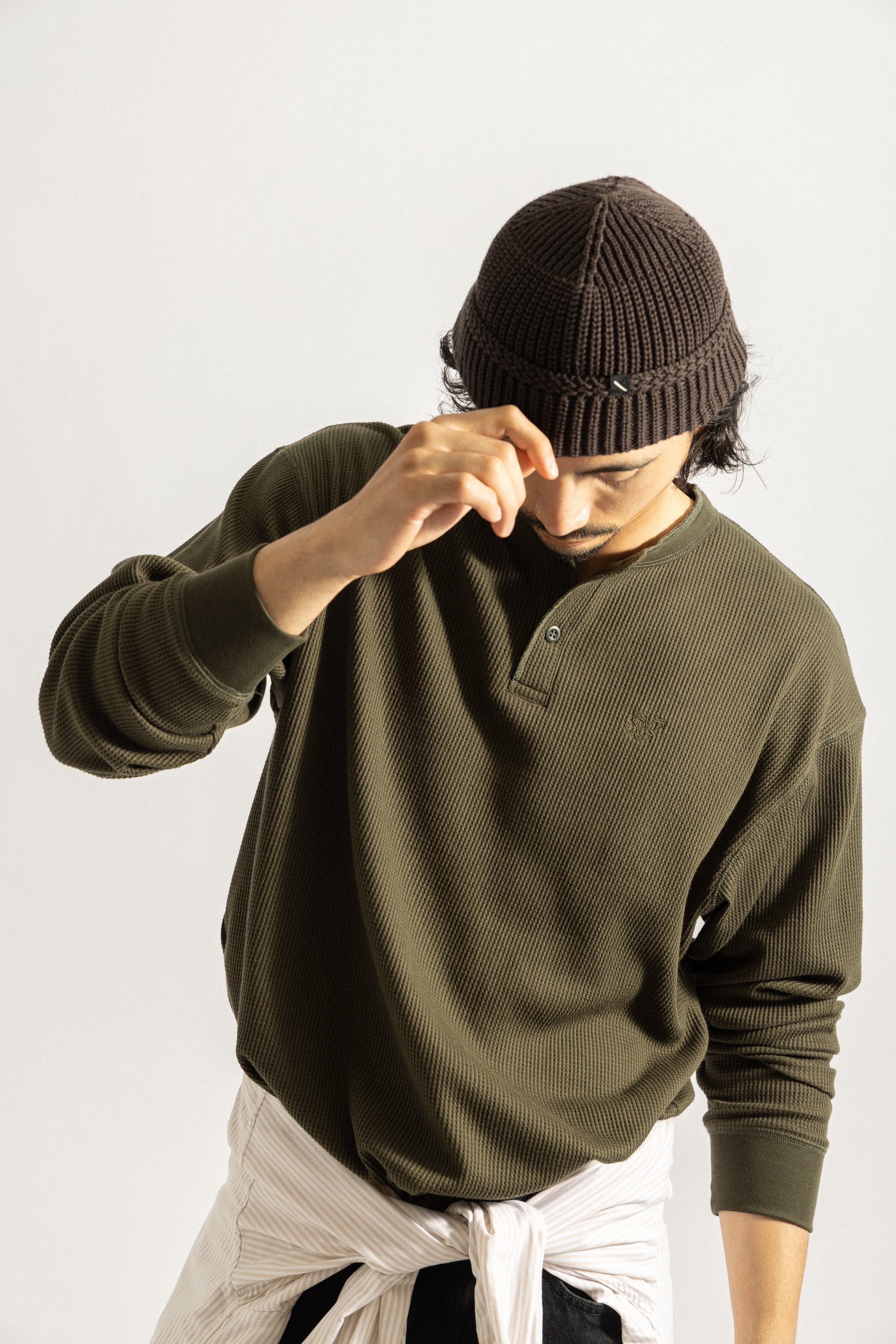 Saturdays NYC Alex Waffle Henley Neck Top in Olive Green