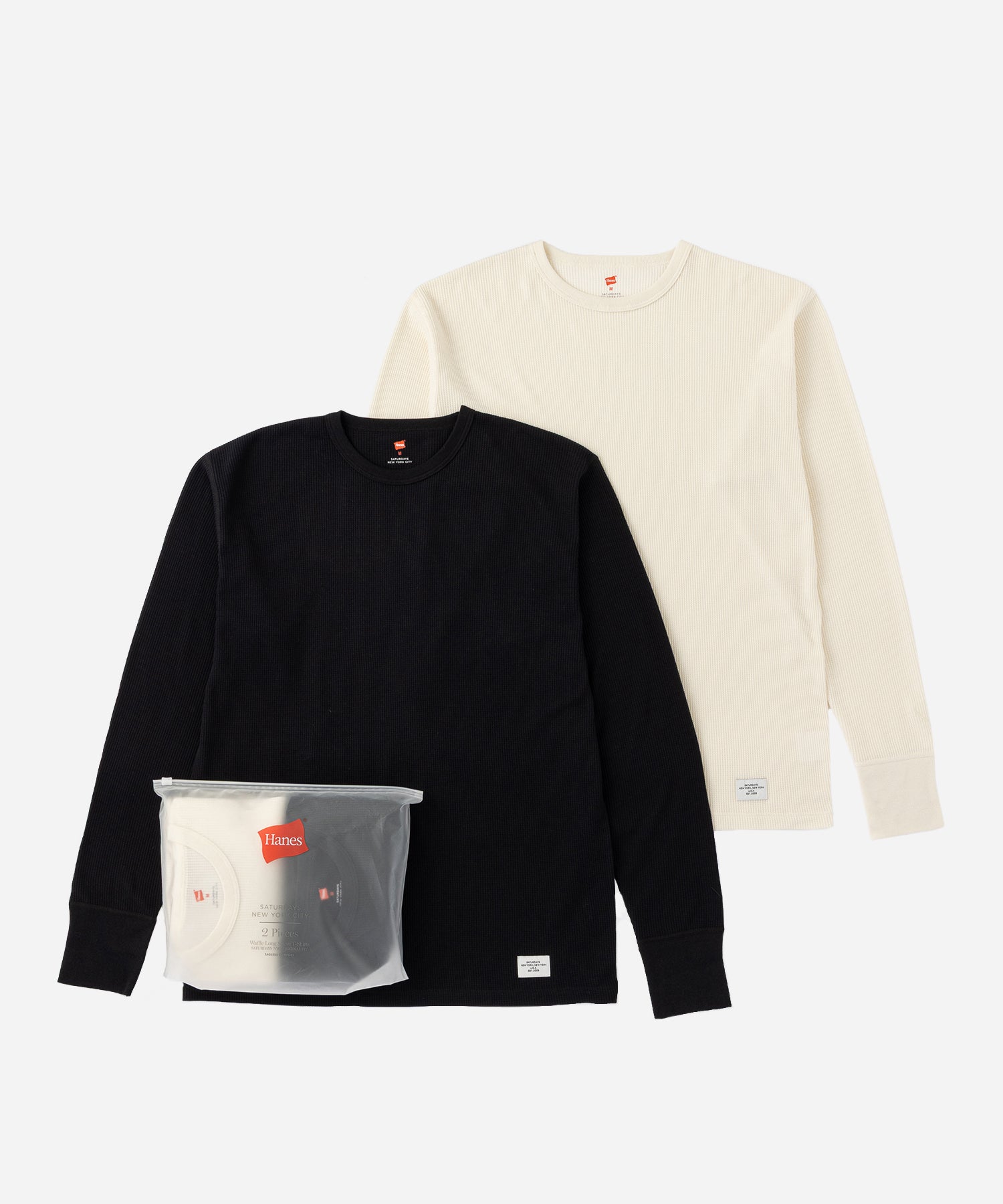 Saturdays NYC Hanes x Saturdays NYC Waffle 2-Pack Long Sleeve Tee in Black & Off White