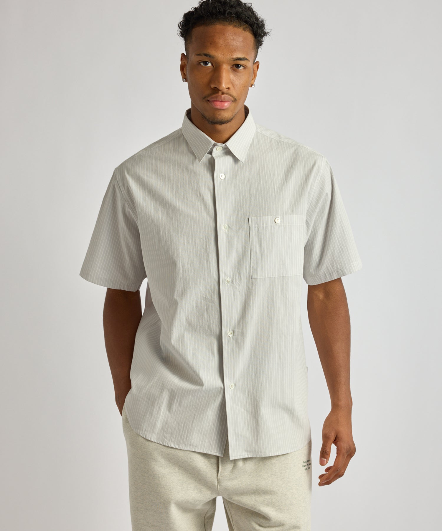 Saturdays NYC Bruce Stripe Short Sleeve Shirt in Light Gray