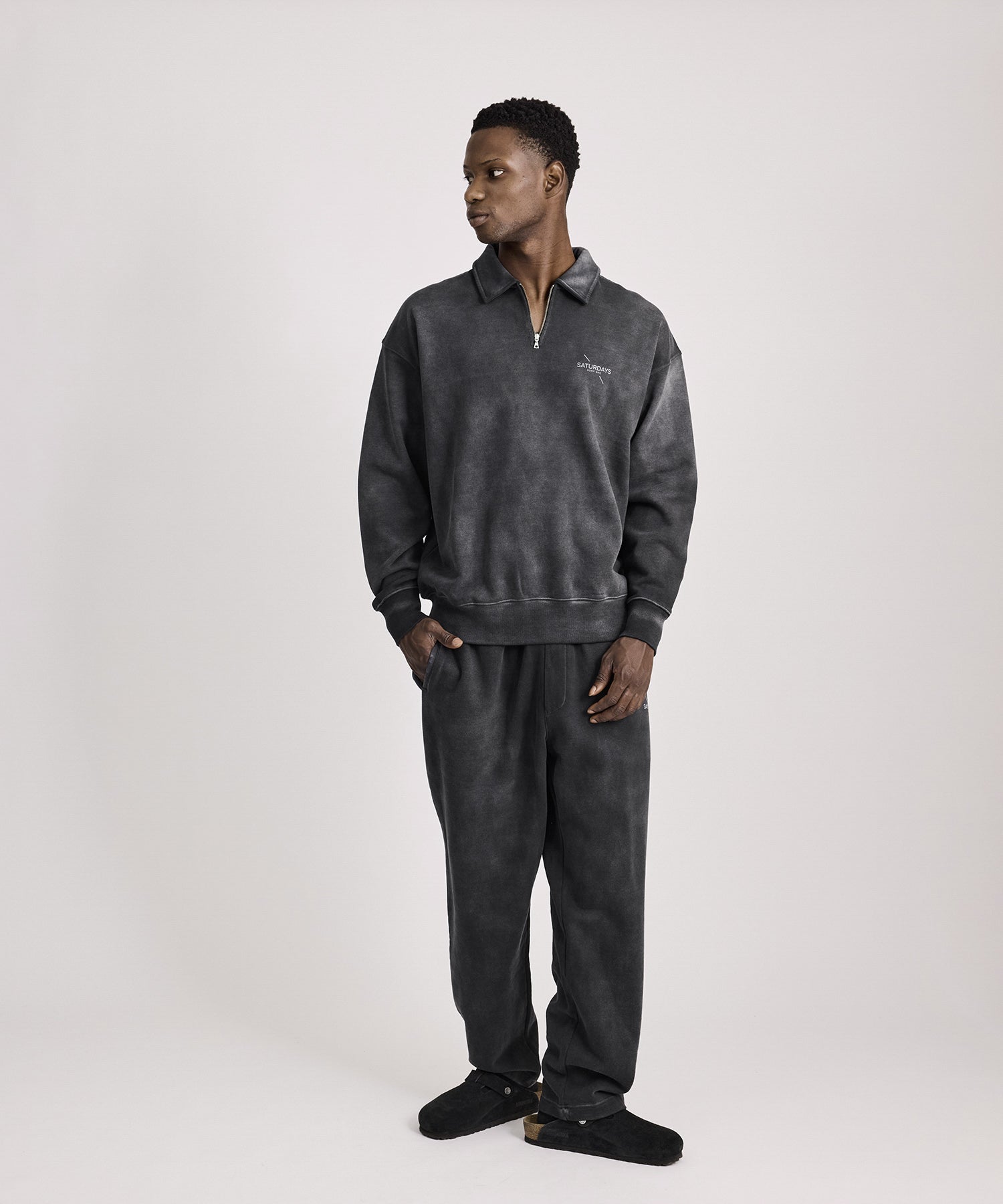 Saturdays NYC Mott Relaxed Quarter Zip Surf Sweatshirt in Fade Black