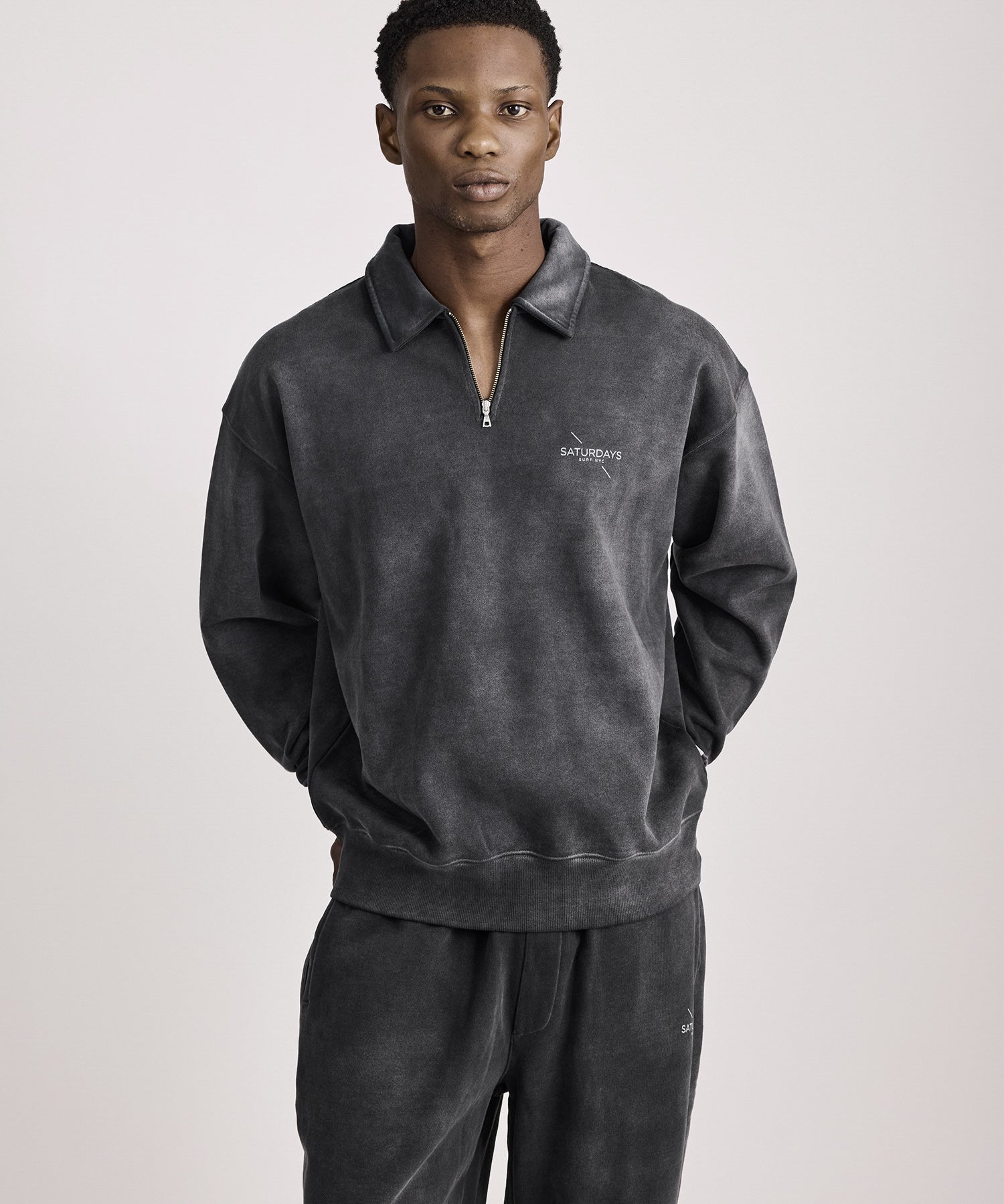 Saturdays NYC Mott Relaxed Quarter Zip Surf Sweatshirt in Fade Black