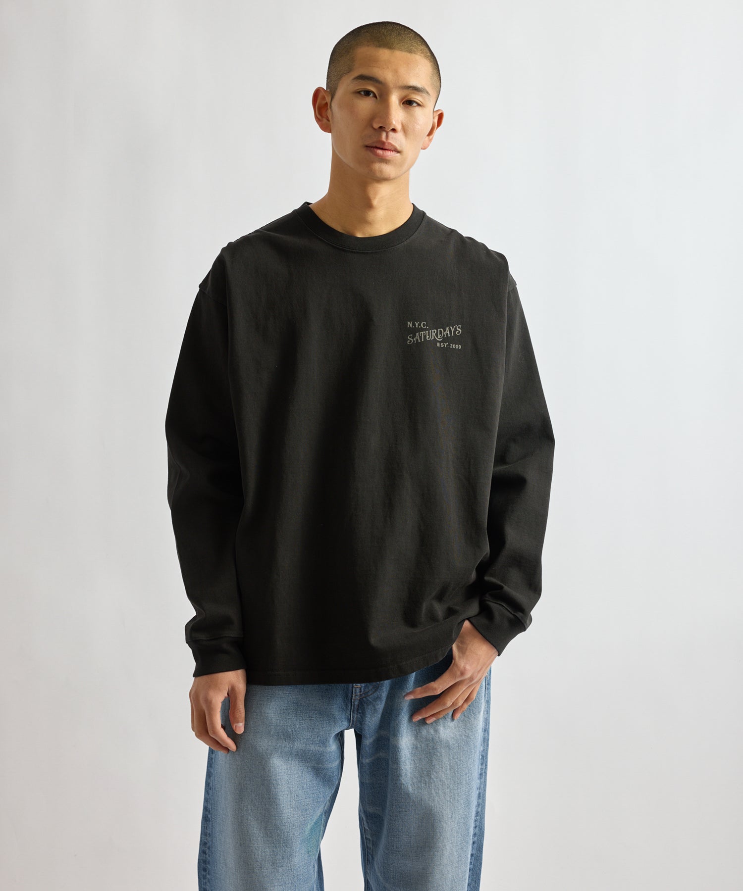 Saturdays NYC Max Weight Vintage Serif Long Sleeve Tee in Black