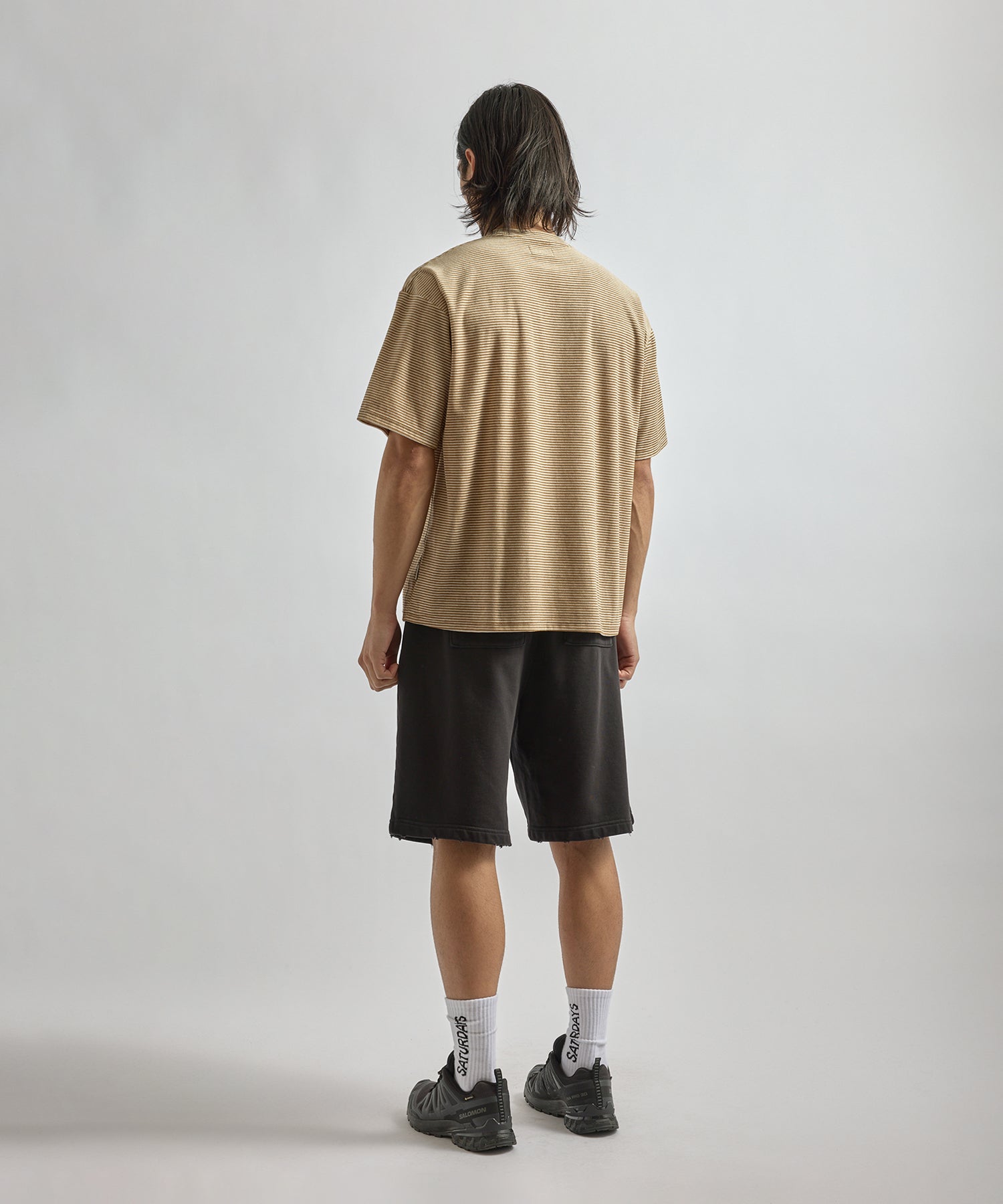 Saturdays NYC Velour Stripe Relaxed Short Sleeve Tee in Beige