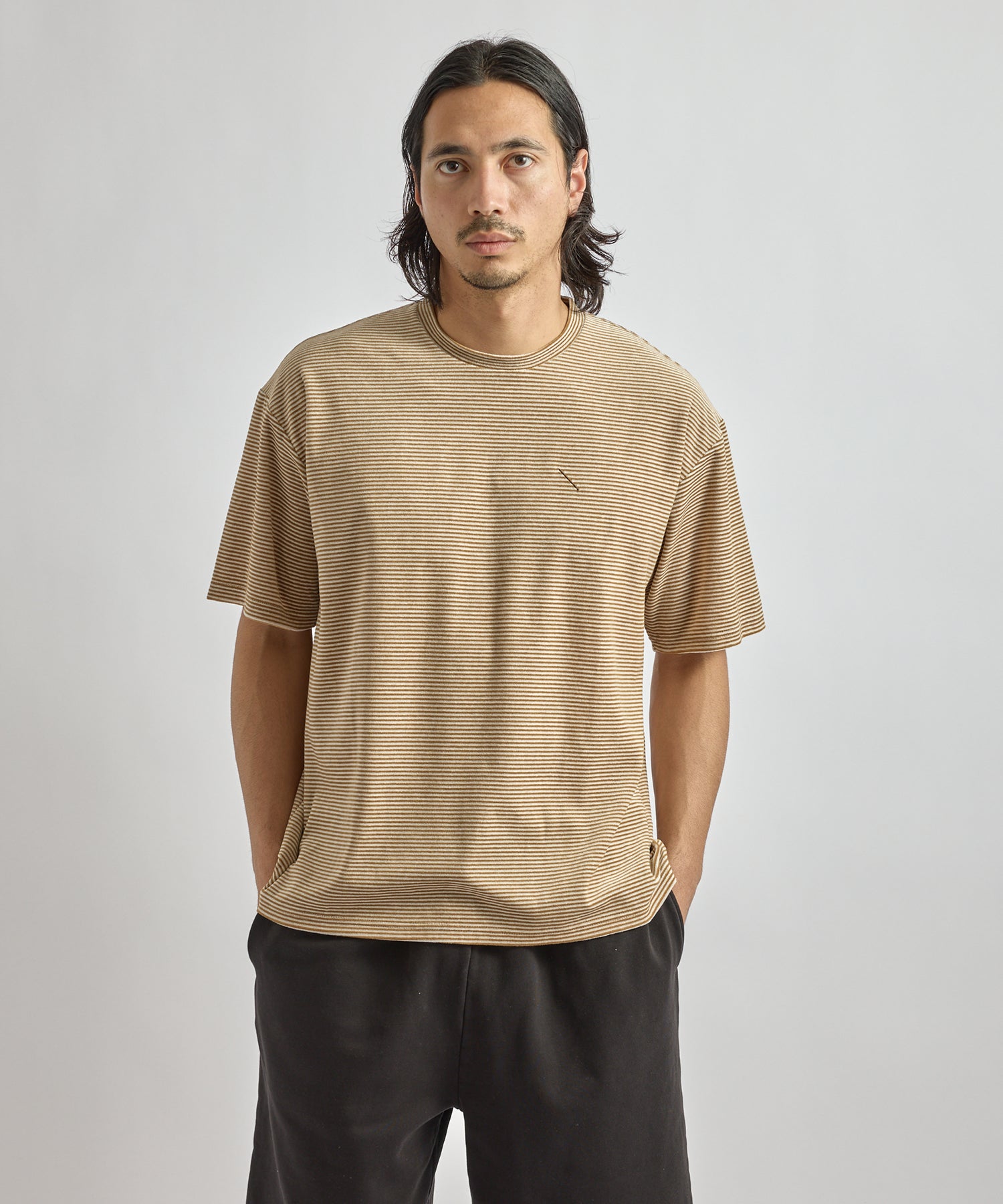 Saturdays NYC Velour Stripe Relaxed Short Sleeve Tee in Beige