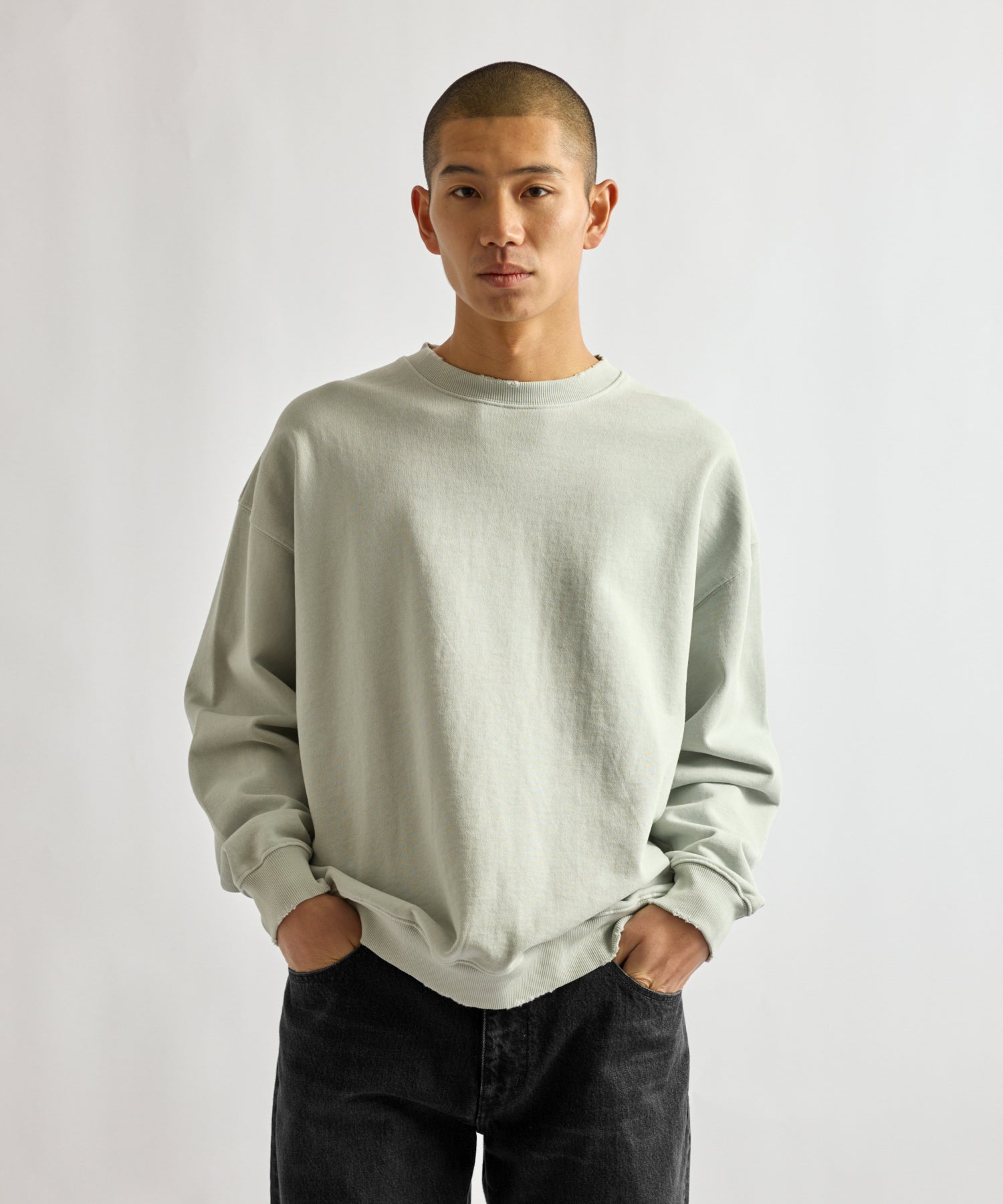 Saturdays NYC Bowery Garment Dyed Slash Sweatshirt in Light Blue