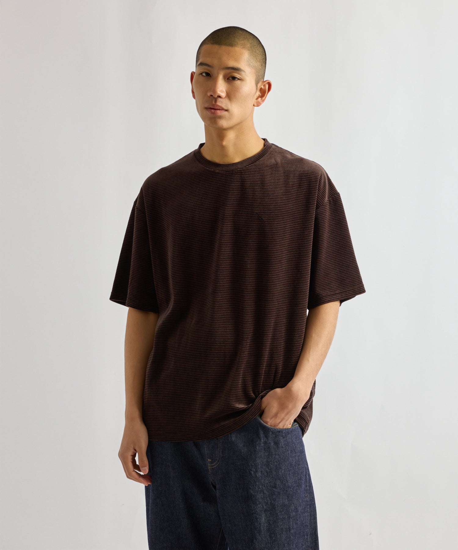 Saturdays NYC Velour Stripe Relaxed Short Sleeve Tee in Dark Brown