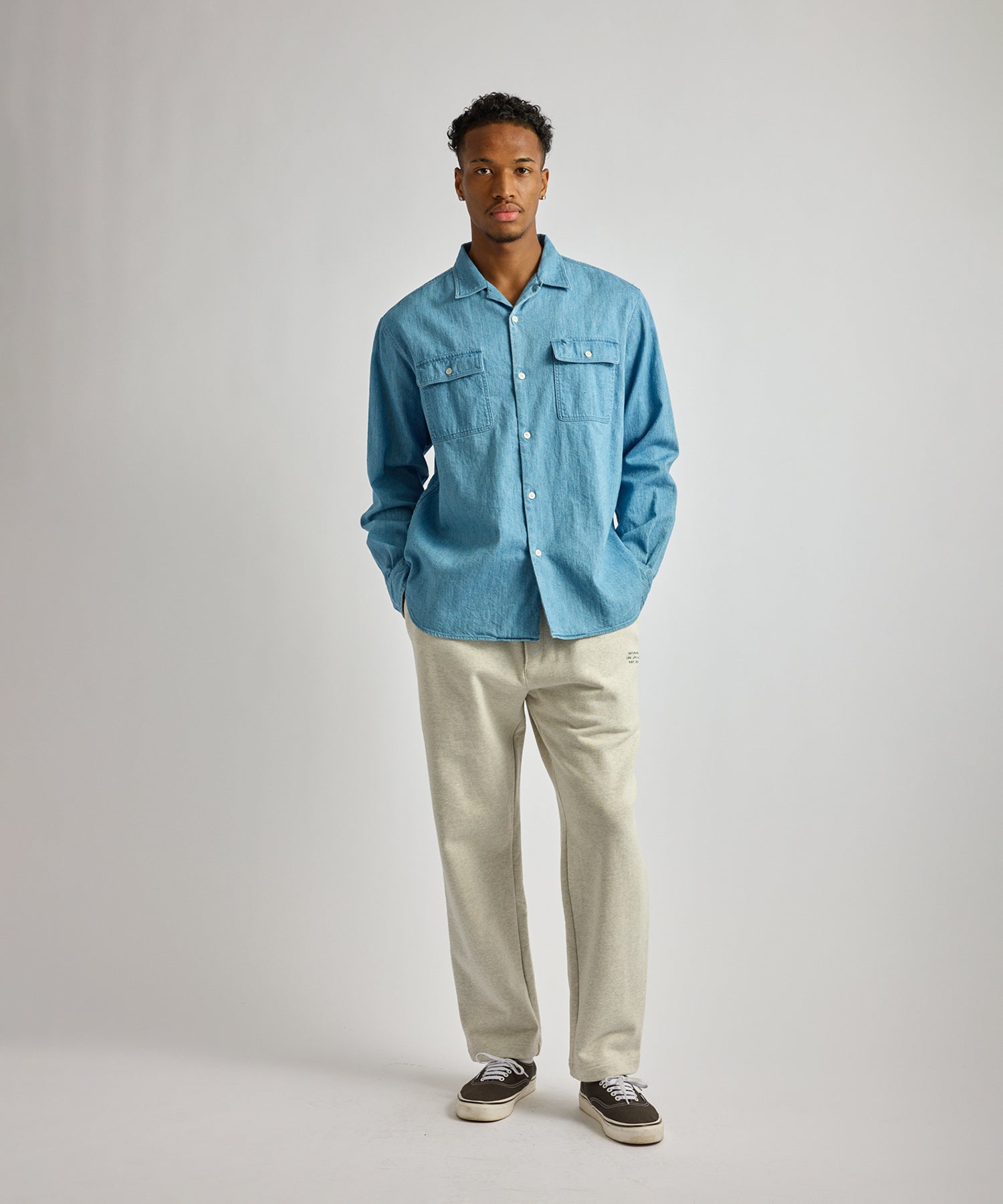 Saturdays NYC Hanley Long Sleeve Open Collar Shirt in Light Blue