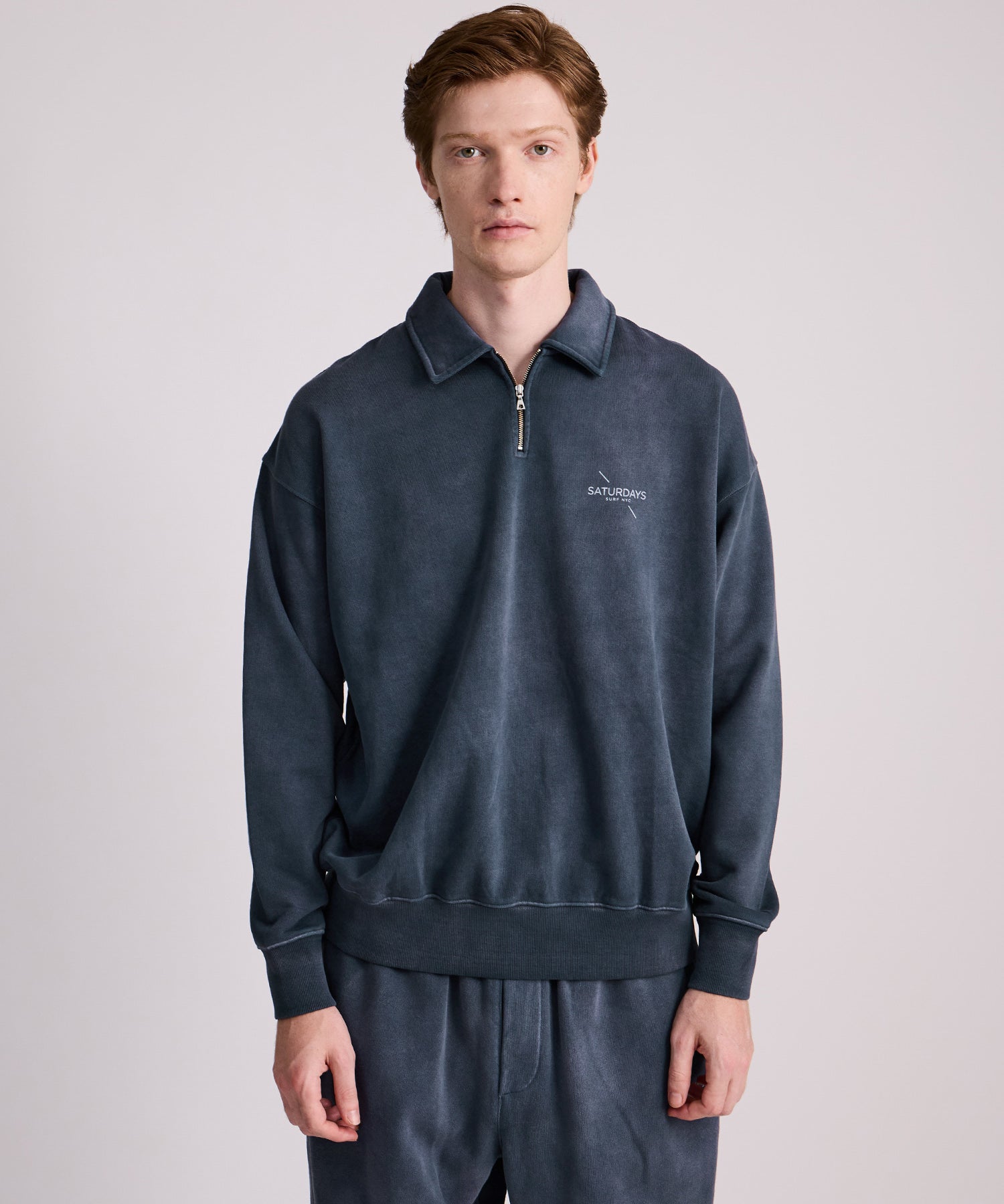 Saturdays NYC Mott Relaxed Quarter Zip Surf Sweatshirt in Blue