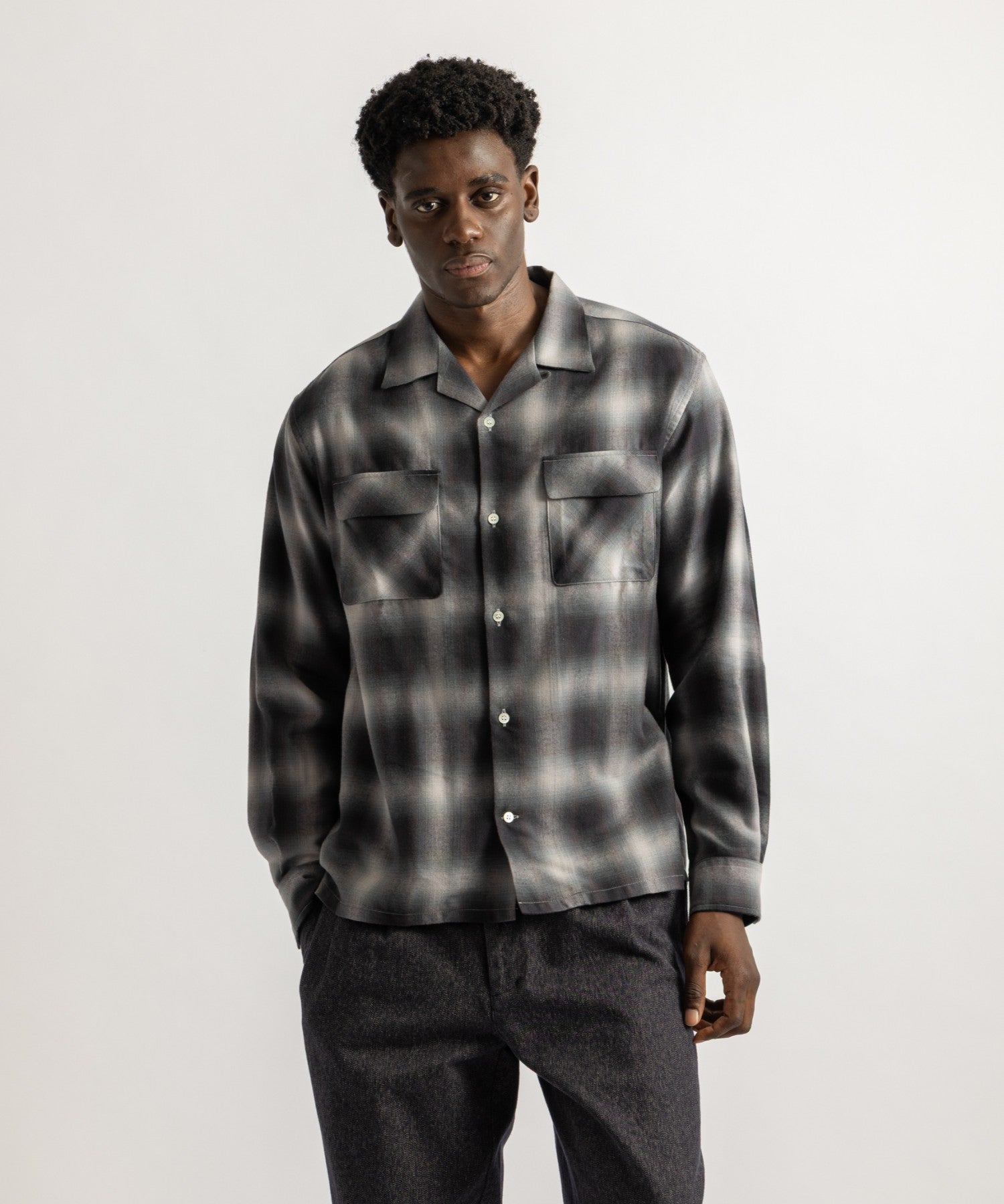 Saturdays NYC Marco Ombre Check Shirt in Navy