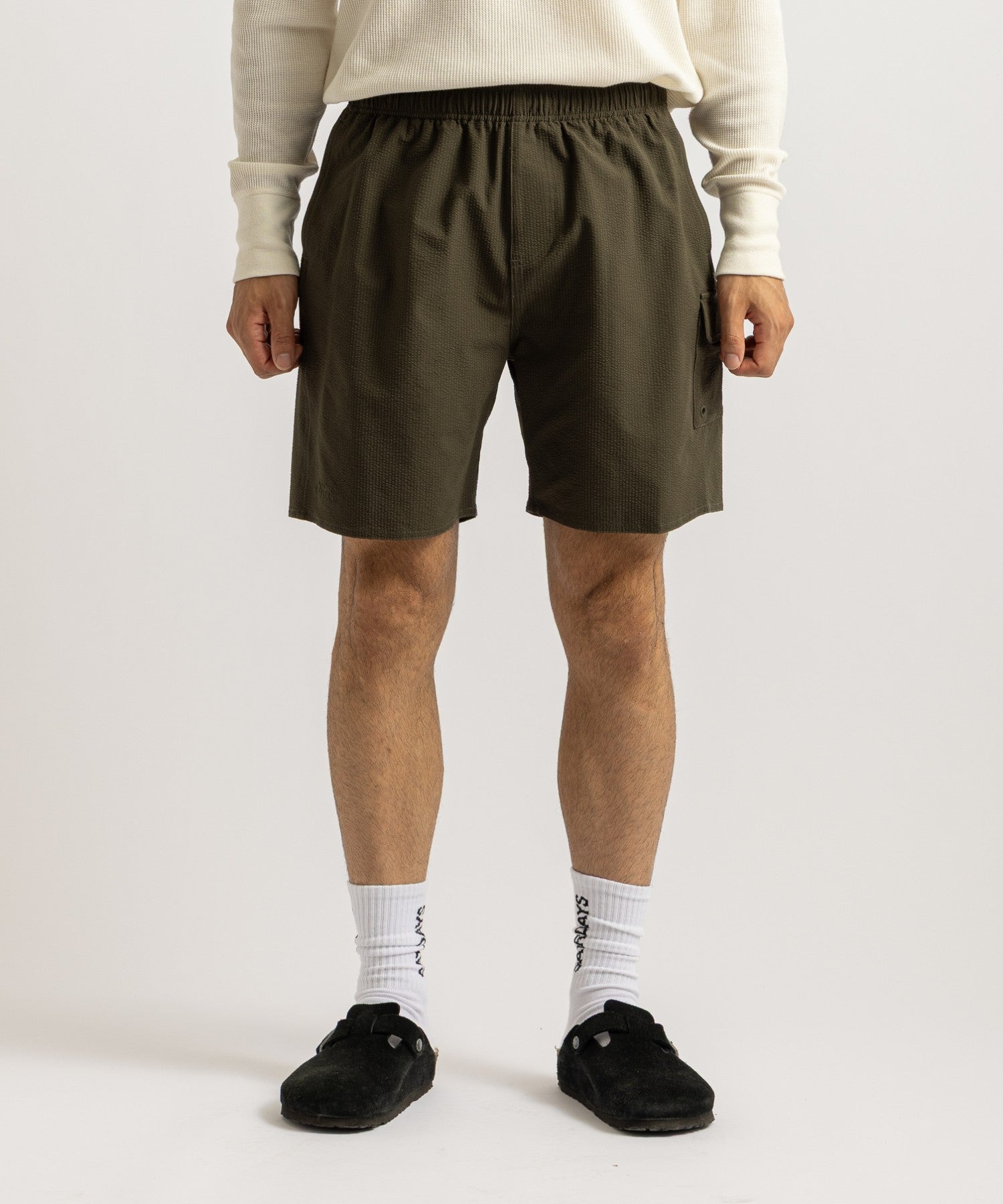 Saturdays NYC Danjo Seersucker Cargo Swim Short in Olive Green
