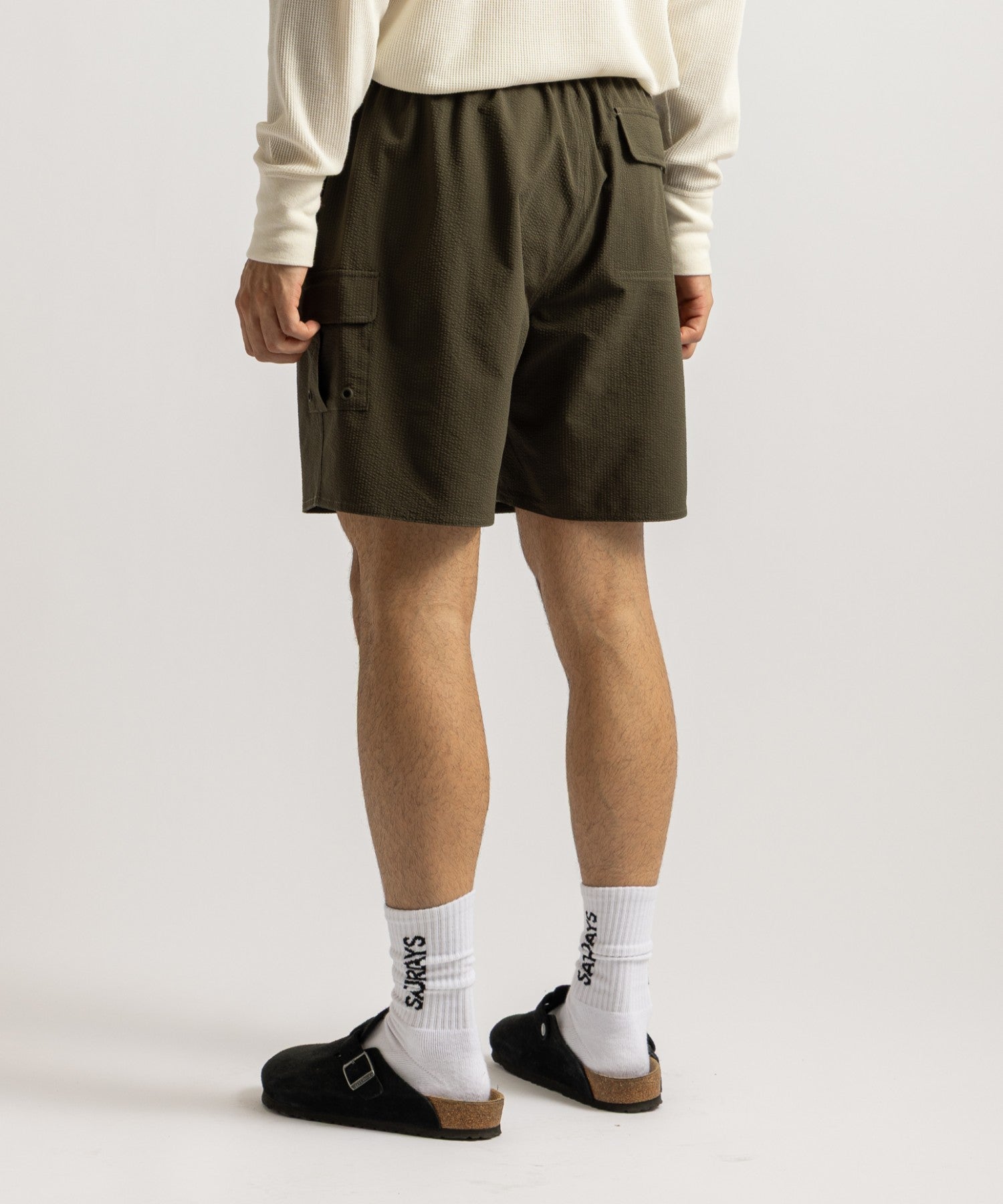 Saturdays NYC Danjo Seersucker Cargo Swim Short in Olive Green